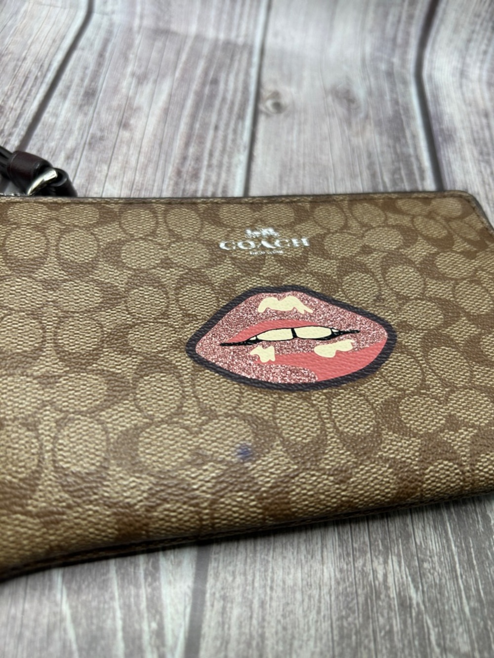 Coach Brown Signature Canvas Wristlet with Pink Lip Patch - Picture 7 of 15
